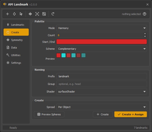 The Create page in Harmony mode, showing a six-colour complementary scheme in the preview strip.