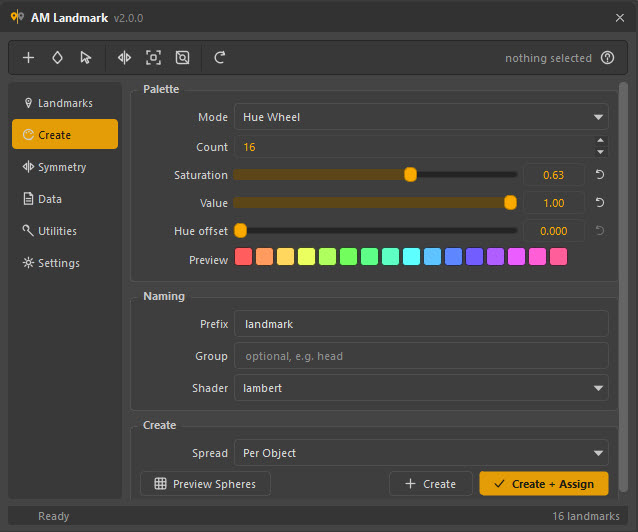 The Create page generating a sixteen-colour hue wheel, previewed as a row of chips under the sliders.