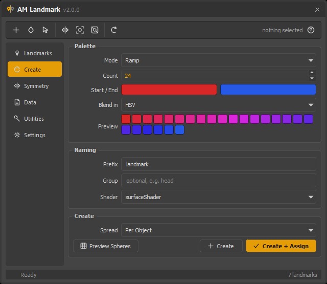 The Create page in Ramp mode, interpolating twenty-four steps from one colour to another.
