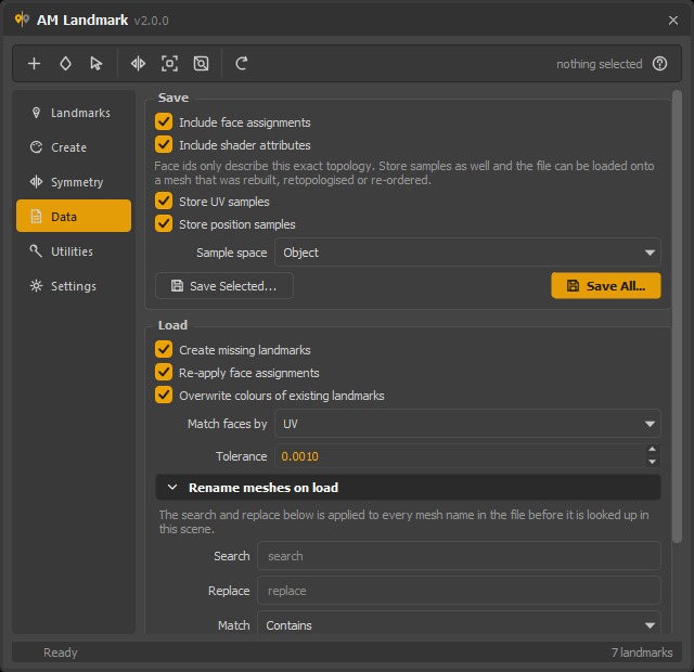 The Data page with save options above and load options below, matching faces by UV.
