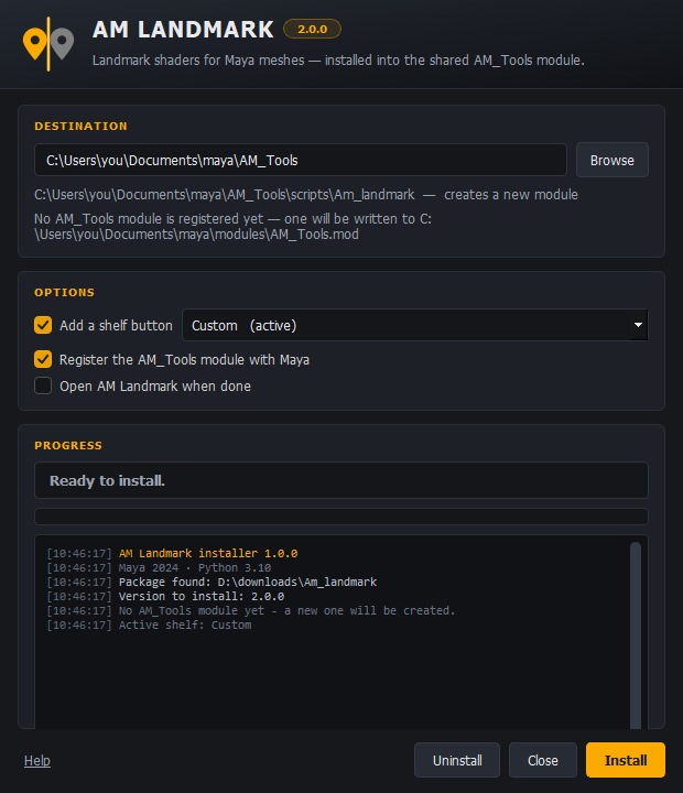The AM Landmark installer, showing the destination, options and progress log.