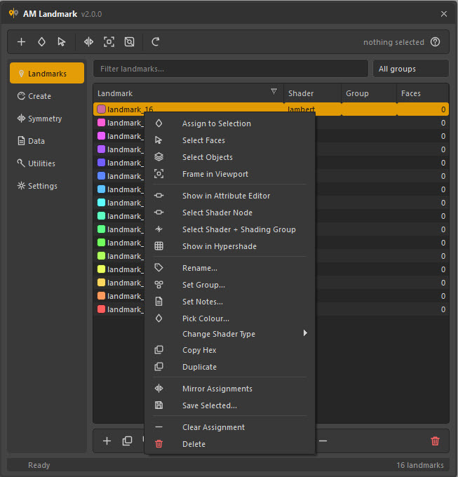 The right-click menu on a landmark, listing assign, select, attribute editor, rename, group, notes, colour, shader type, mirror, save and delete.