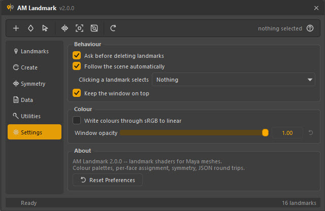 The Settings page: behaviour, colour space and window opacity.