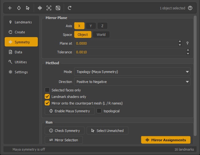 The Symmetry page set to Topology (Maya Symmetry), which adds an Enable Maya Symmetry button and a topological toggle.