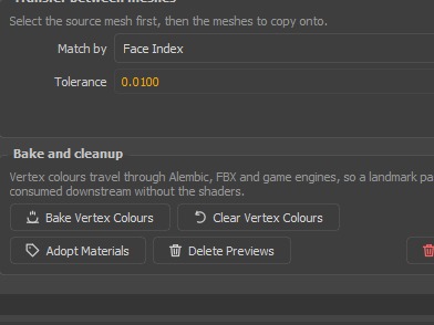 The Bake and cleanup panel: bake and clear vertex colours, adopt materials, delete previews and delete unused.