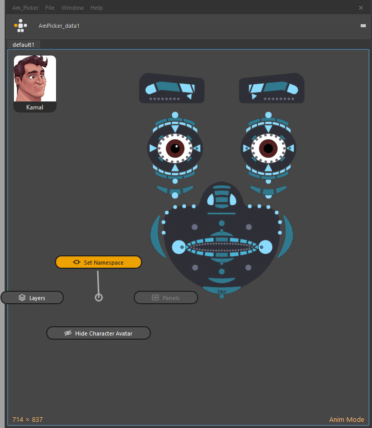 Am_Picker in Anim mode. The same face picker with no tool strip and no channel box — just the character avatar and the clickable shapes.