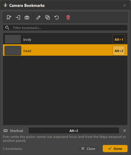 The camera bookmarks panel storing viewport positions on the picker.