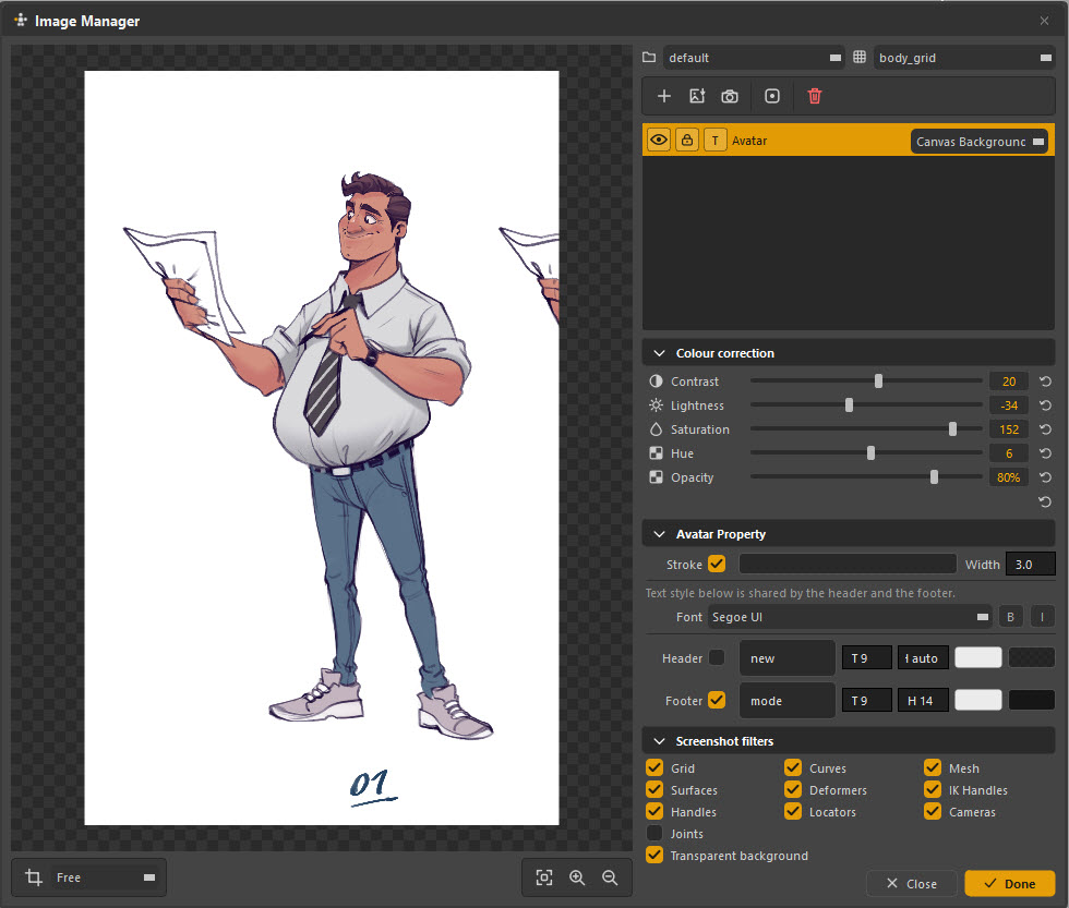 The image manager with colour-grading adjustment sliders applied to a background image on the picker canvas.