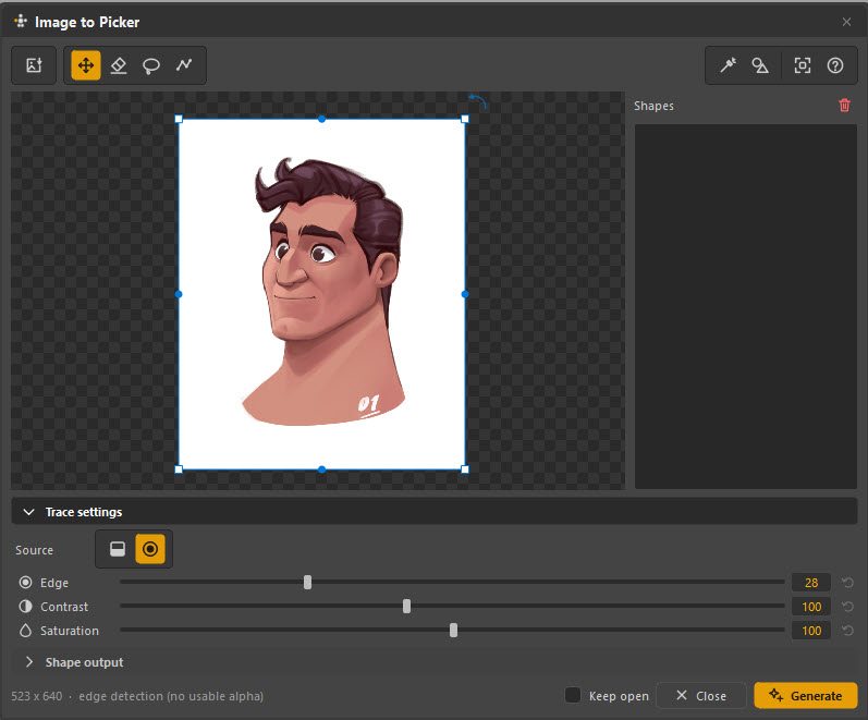 The Image to Picker dialog tracing a character portrait into picker shapes.