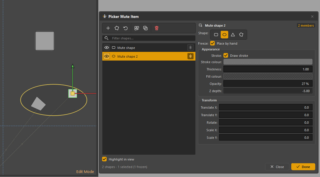 The mute shapes panel, marking decorative shapes as non-clickable on the picker canvas.