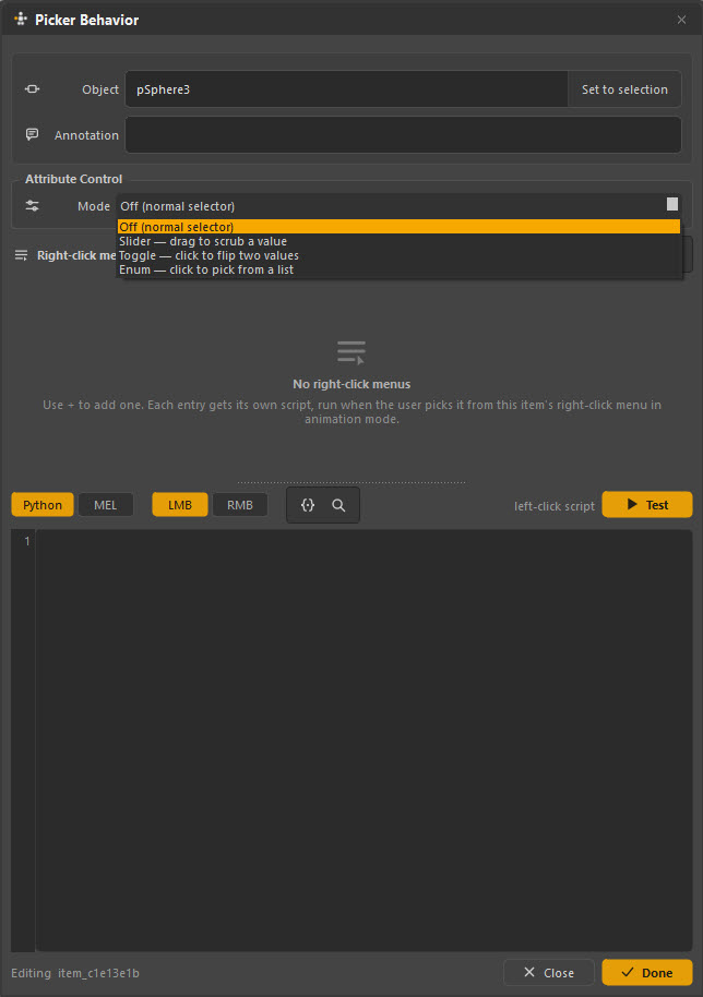 The picker item behaviour panel configuring an item to drive a Maya attribute as a slider, toggle or enum.