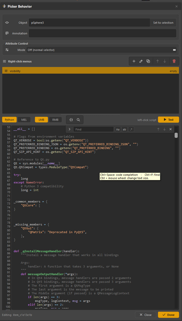 The per-item script editor with syntax highlighting, attaching Python to a picker item.