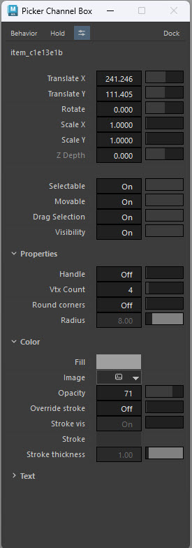 The Picker Channel Box docked beside the canvas, showing the channels of the selected picker item.