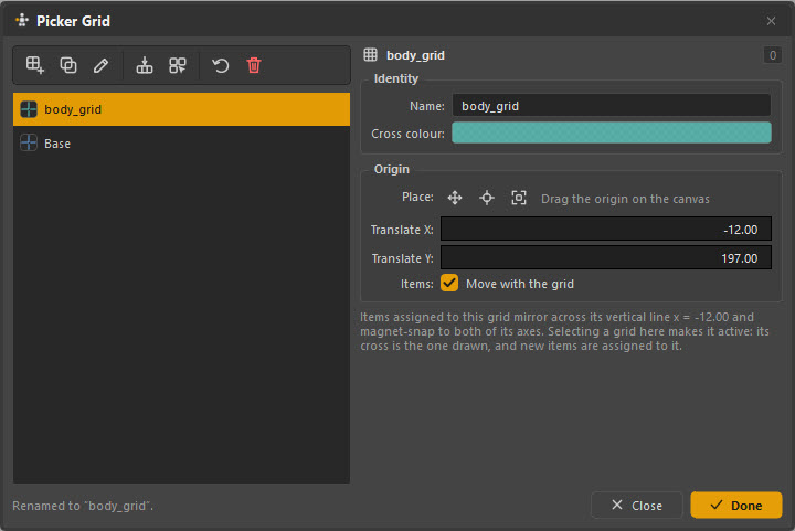 The picker grid settings, with a snapping grid drawn across the canvas in Edit mode.