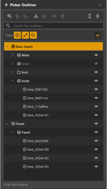 The picker outliner listing layers and items with visibility and lock toggles.