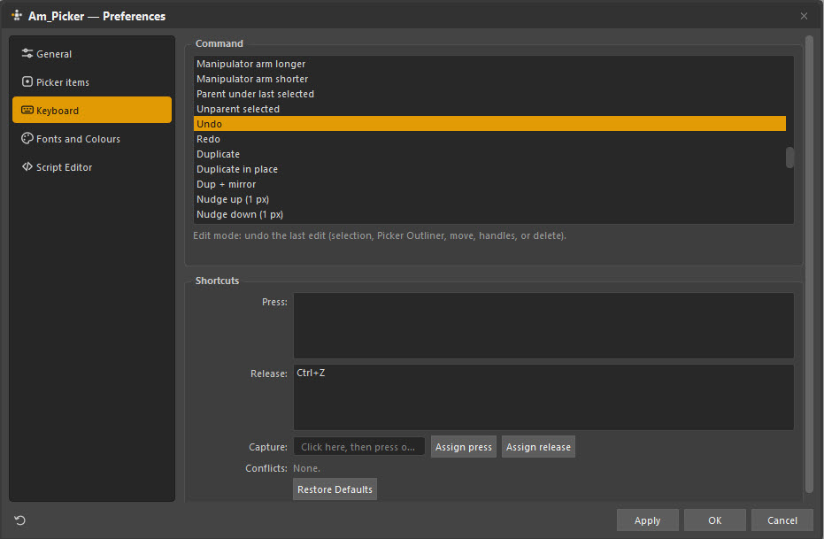 The keyboard preferences pane listing every shortcut with an editable binding for each.