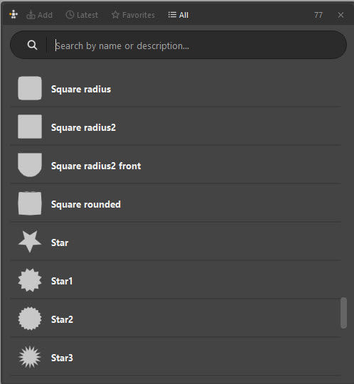 The shape library browser showing thumbnails of the preset picker shapes that ship with the tool.