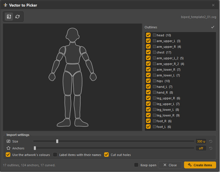 The Vector to Picker dialog previewing every outline found in an imported SVG of a biped template.