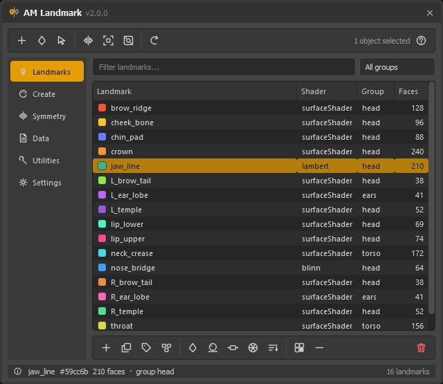 The AM Landmark window on its Landmarks page: sixteen named marks — brow_ridge, jaw_line, L_ear_lobe, neck_crease — each with a colour chip, a shader type, a group and the number of faces wearing it, above a row of action buttons.