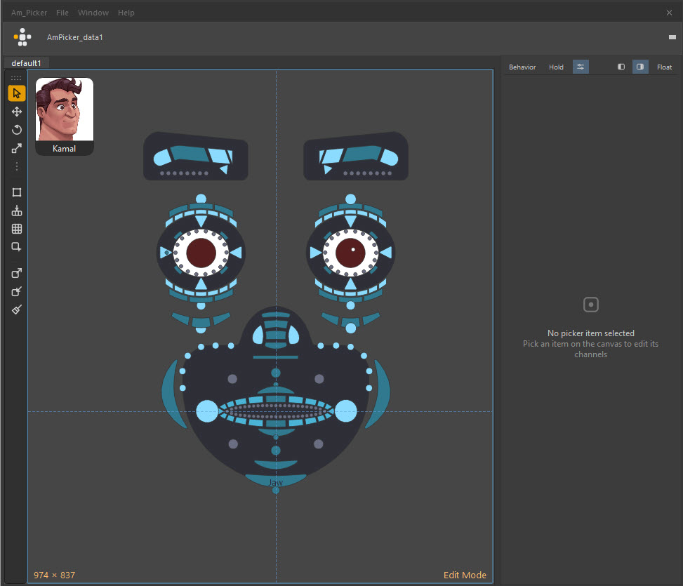 The Am_Picker window in Edit mode: a face picker built from blue and grey shapes, the character avatar in the top-left corner, the drawing tool strip down the left edge, and the Picker Channel Box docked on the right.